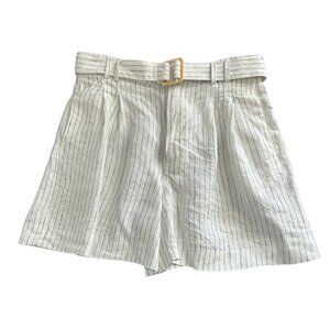 Mango Linen Belted Shorts, Size 8, White/Blue Stripe
